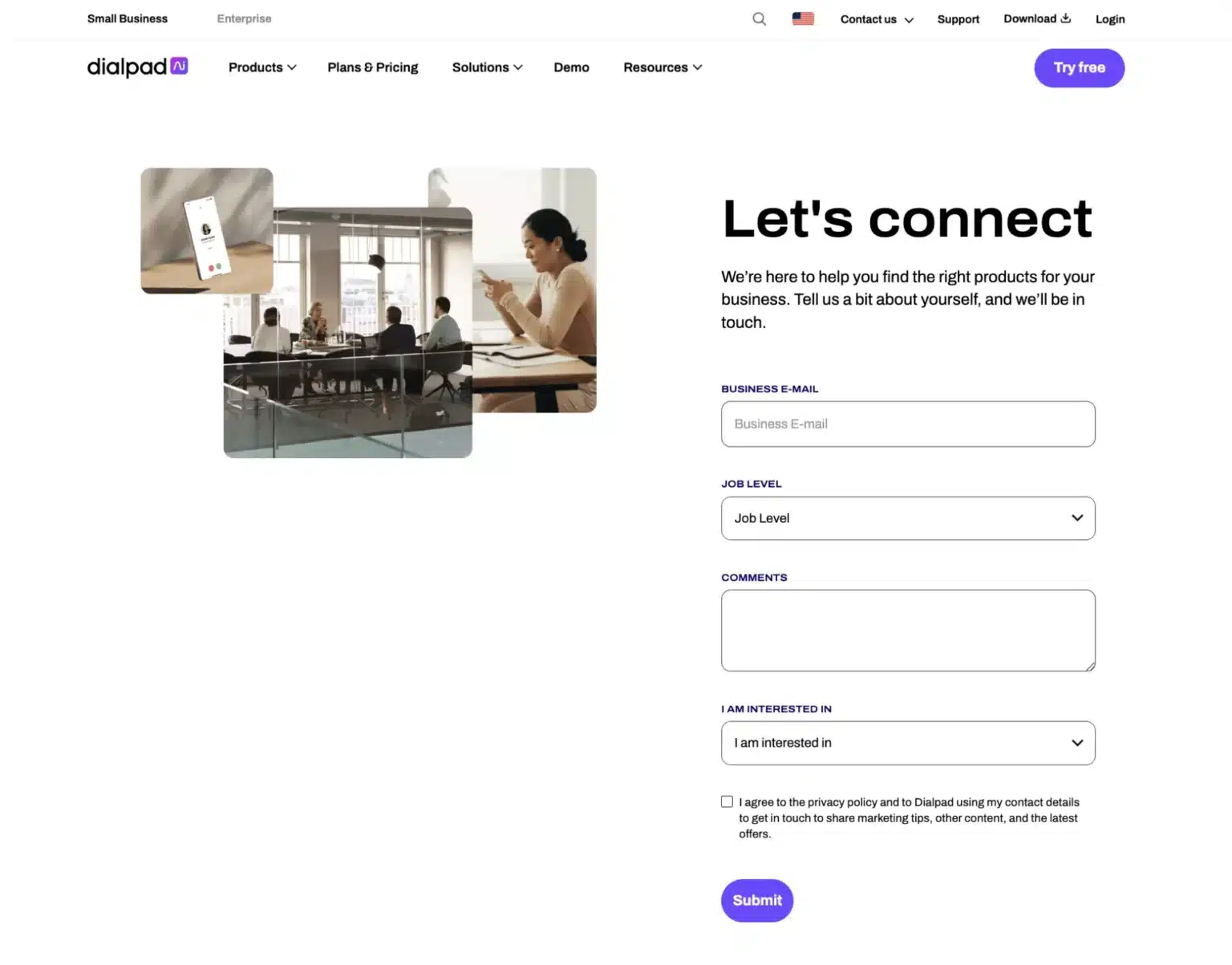 DialPad Contact Us Page