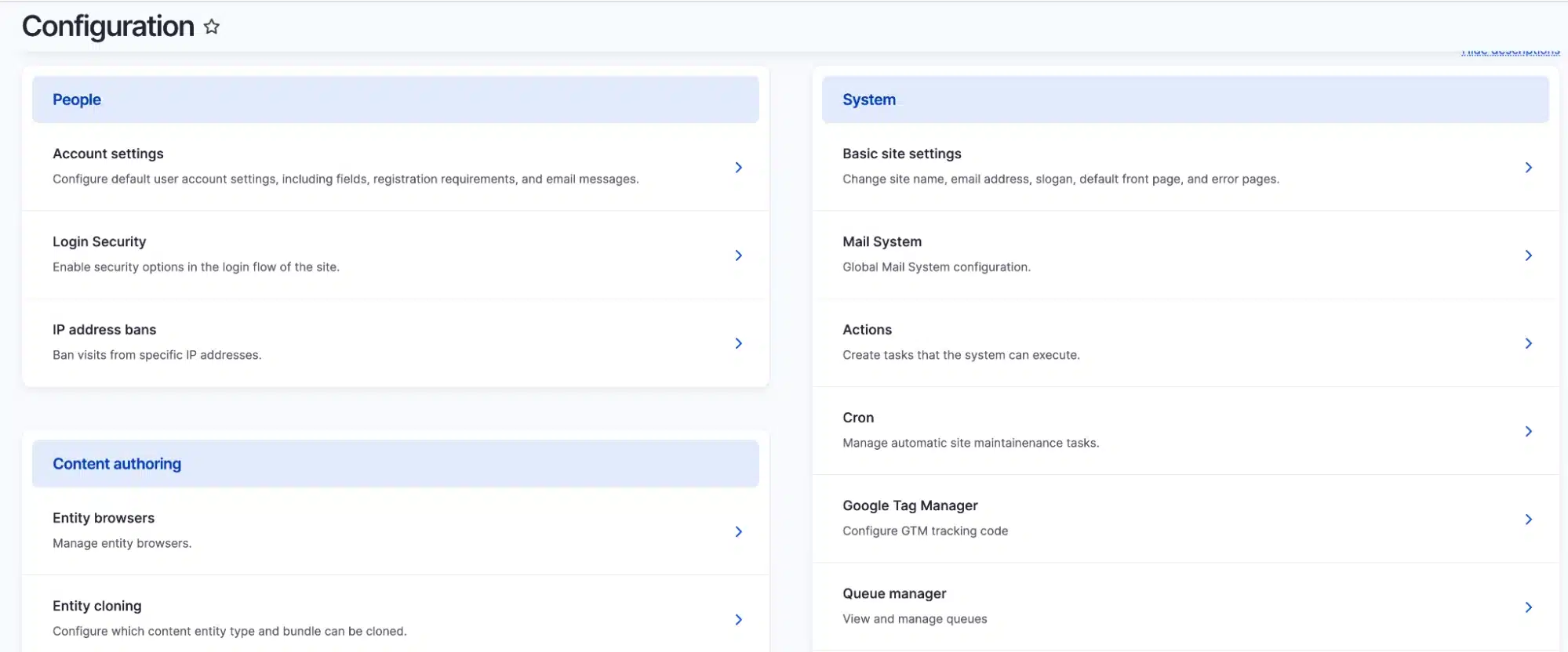 Set up of “configuration” functionality of Drupal