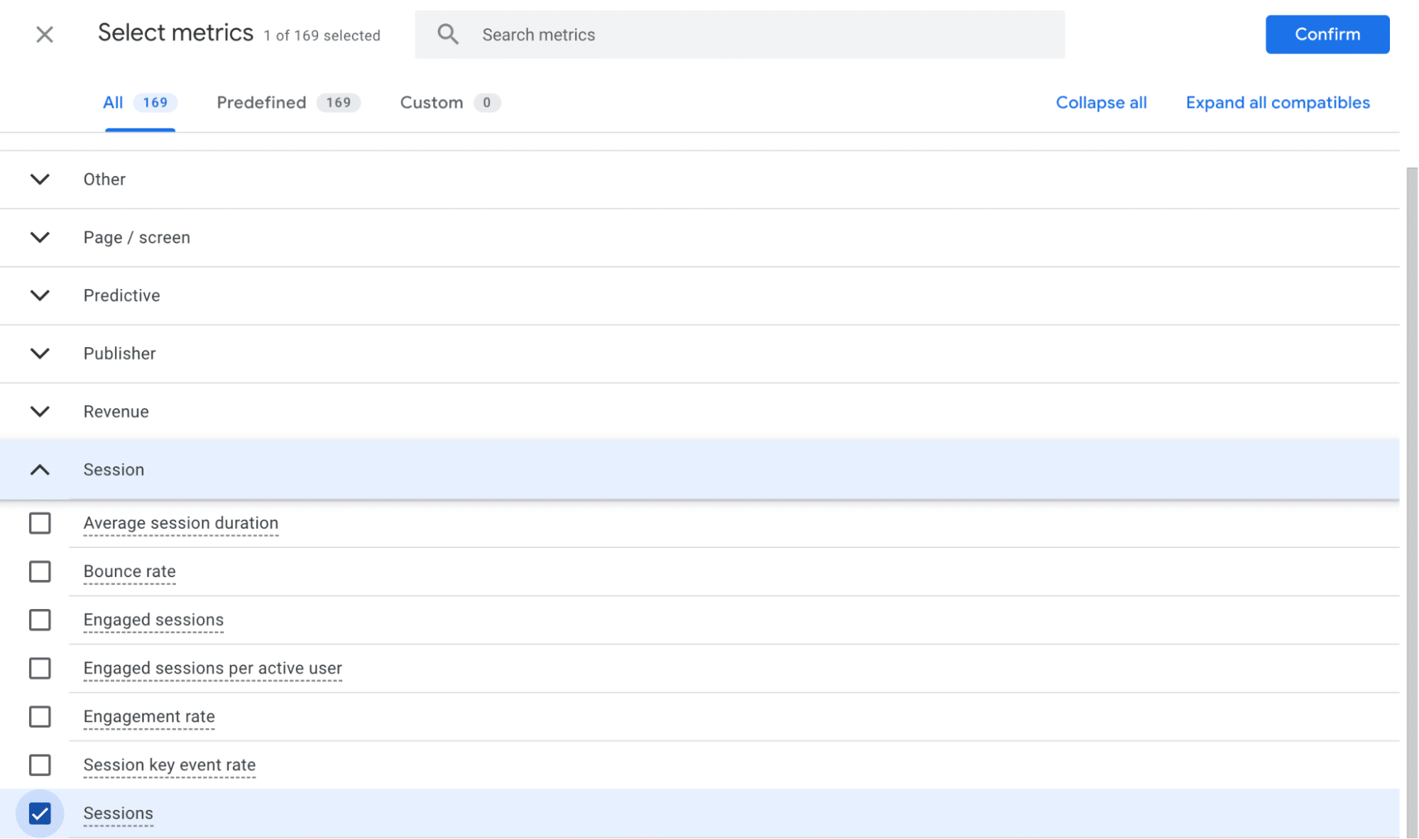 Select metrics menu in Google Analytics.